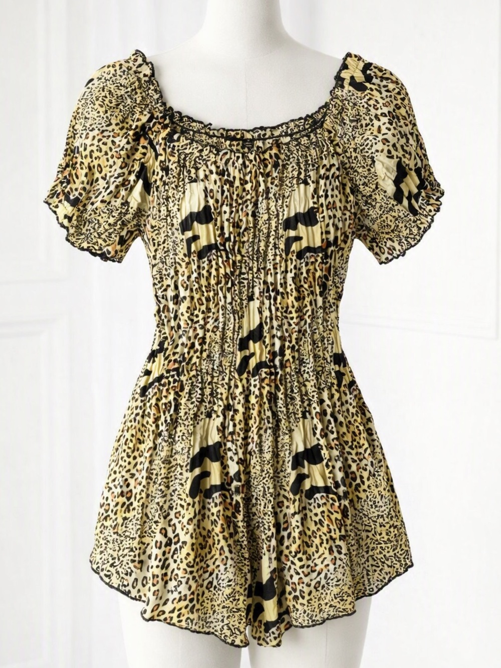 Y2k Mob wife Glam Smocked Fit Leopard-Print stretch Blouse S